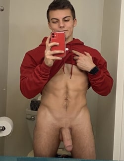 Red hoodie boy showing cock